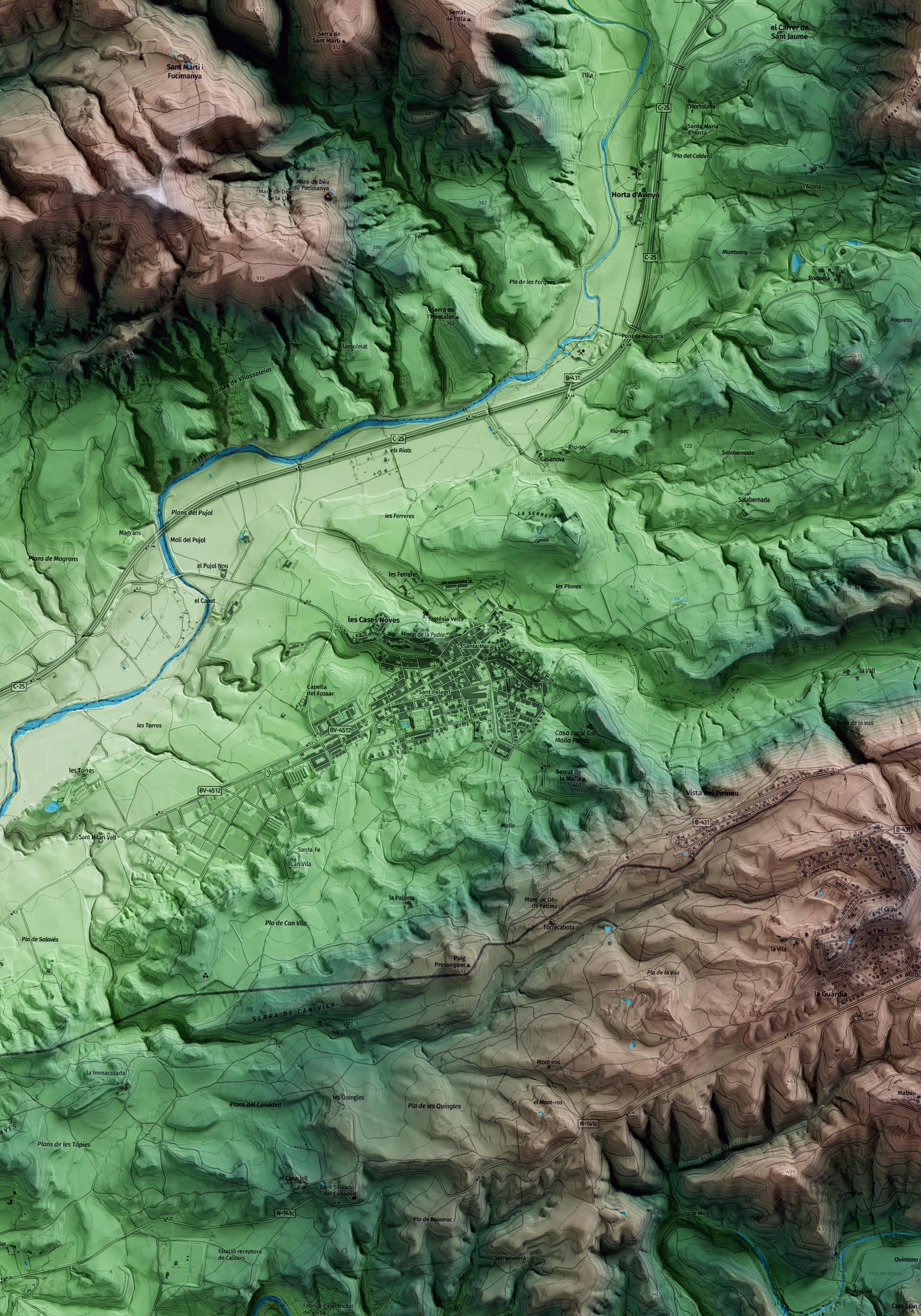 Mapa artístic del relleu d’Artés, al Bages, amb 15 km d’entorn i base topogràfica ICGC. Detall de la zona central.
