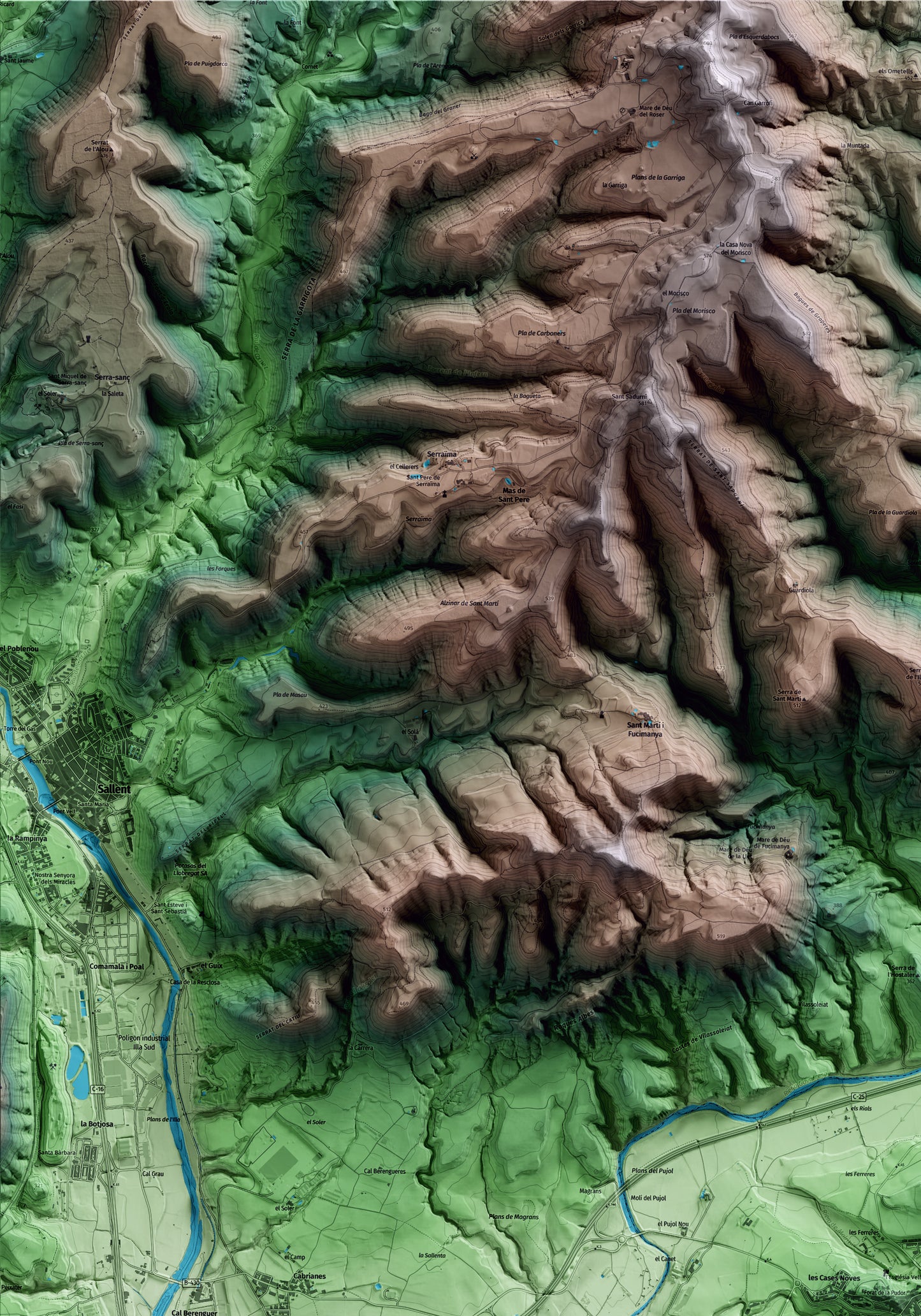 Mapa artístic del relleu d’Artés, al Bages, amb 15 km d’entorn i base topogràfica ICGC. Detall de la zona superior esquerra.