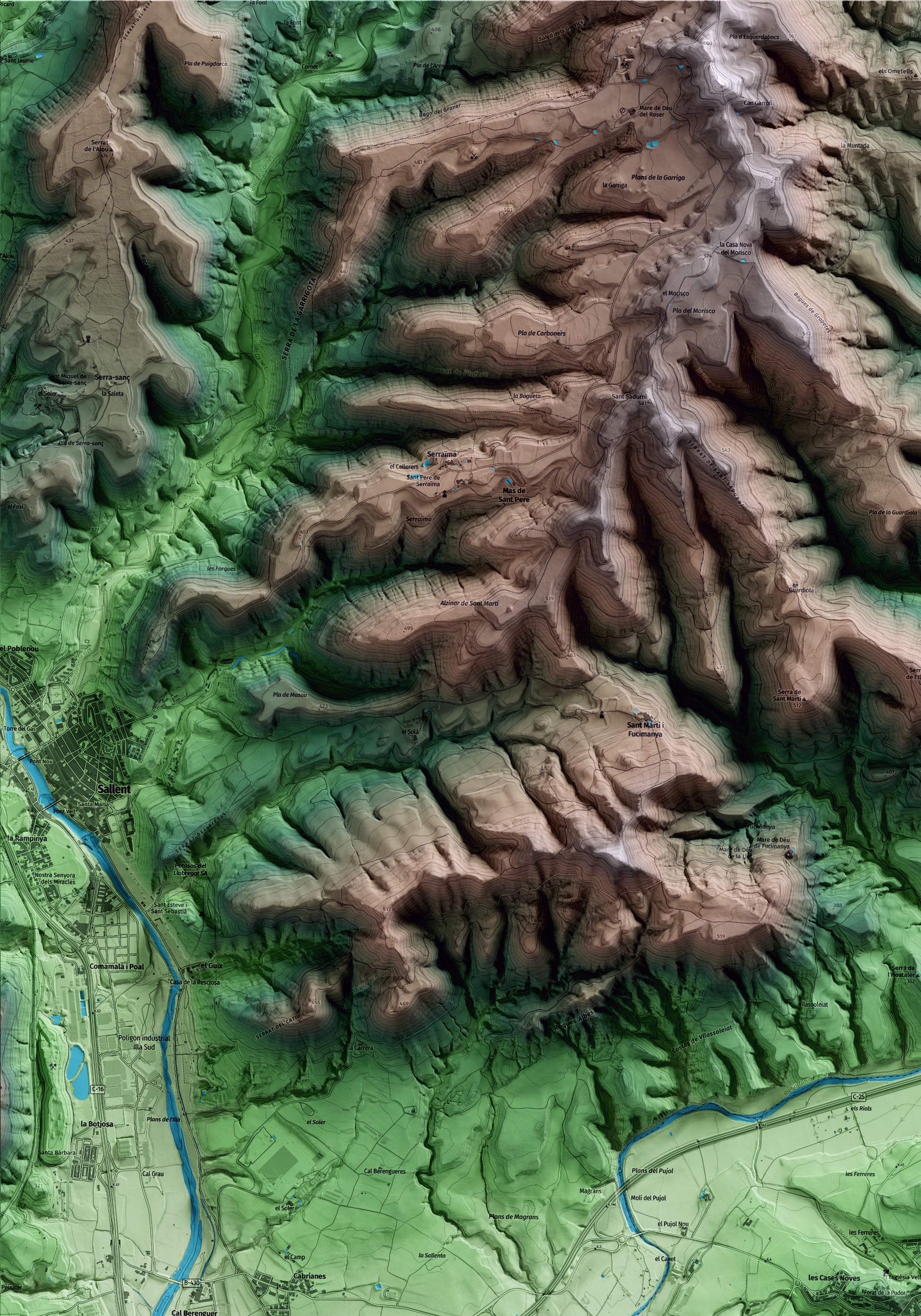 Mapa artístic del relleu d’Artés, al Bages, amb 15 km d’entorn i base topogràfica ICGC. Detall de la zona superior esquerra.