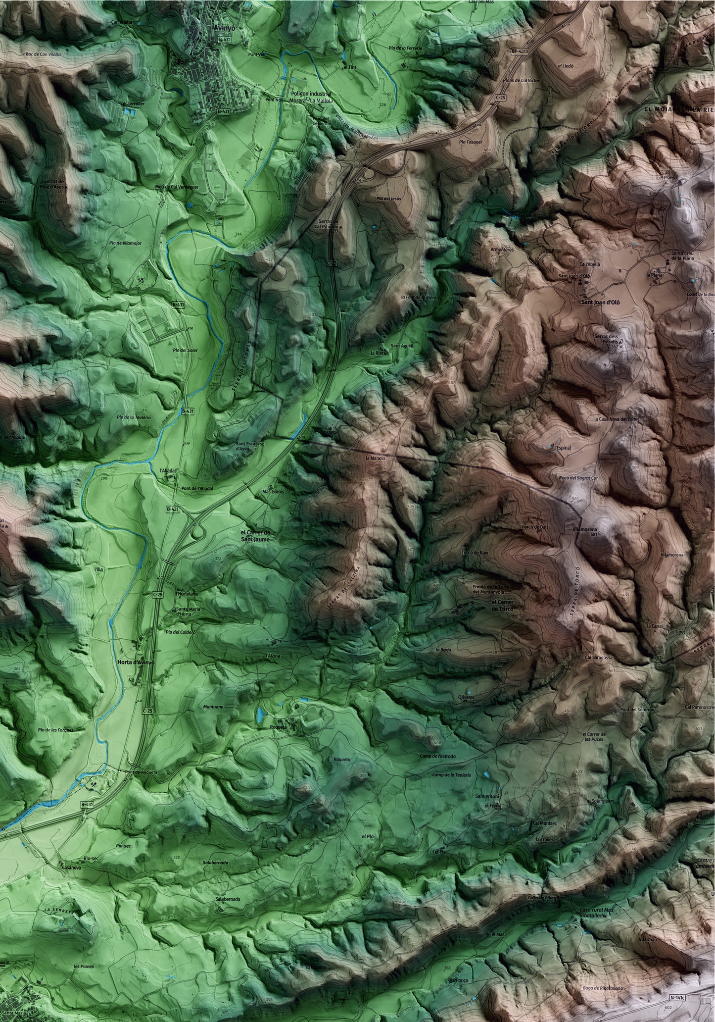 Mapa artístic del relleu d’Artés, al Bages, amb 15 km d’entorn i base topogràfica ICGC. Detall de la zona superior dreta.
