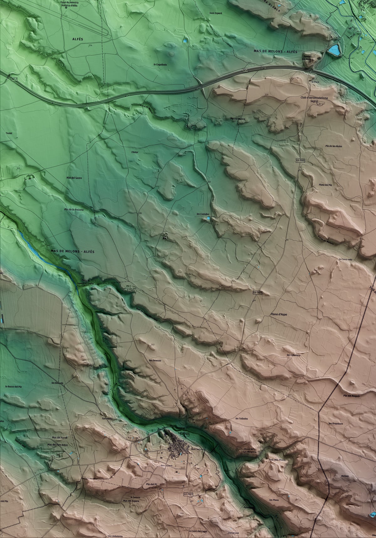 Mapa artístico del relieve de Artesa de Lleida, al Segrià, con 15 km de entorno y base topográfica ICGC. Detalle de la zona inferior izquierda.