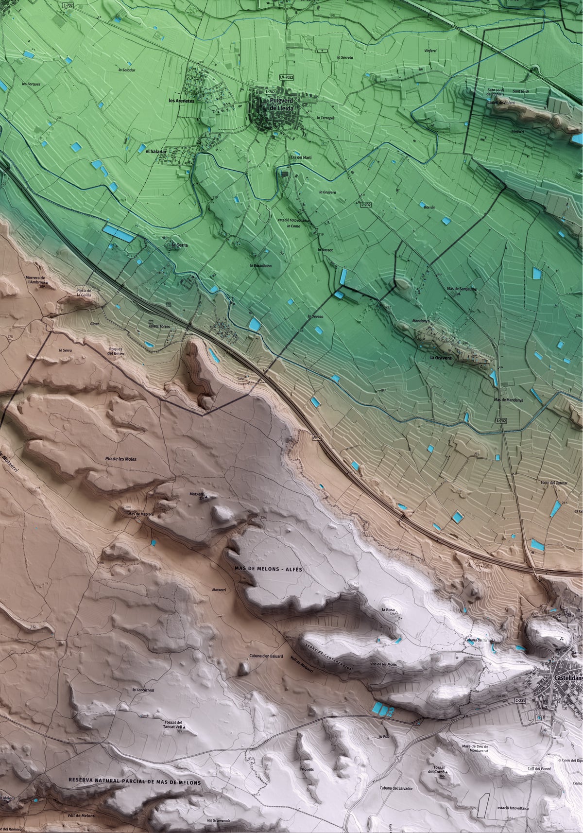 Mapa artístico del relieve de Artesa de Lleida, al Segrià, con 15 km de entorno y base topográfica ICGC. Detalle de la zona inferior derecha.