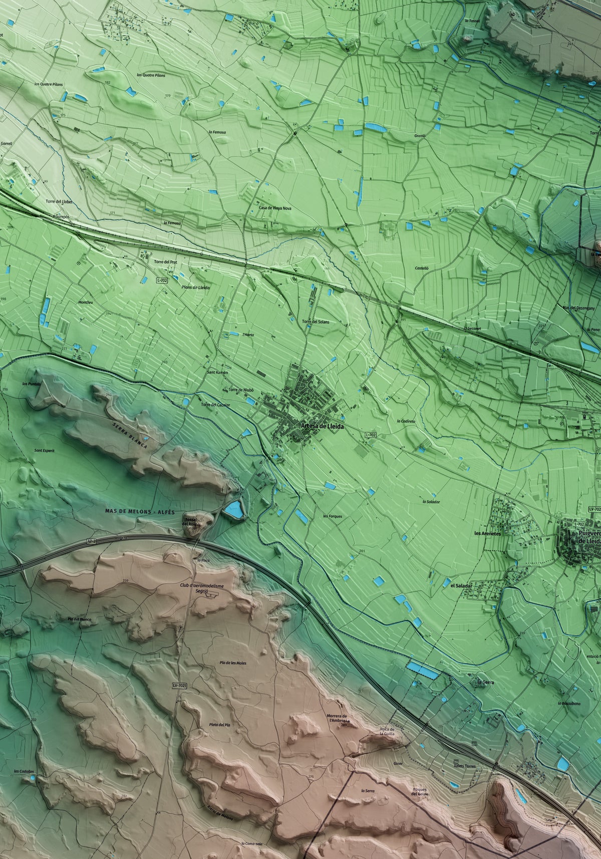 Mapa artístico del relieve de Artesa de Lleida, al Segrià, con 15 km de entorno y base topográfica ICGC. Detalle de la zona central.