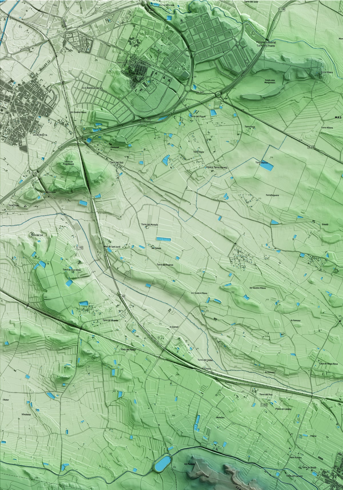 Mapa artístico del relieve de Artesa de Lleida, al Segrià, con 15 km de entorno y base topográfica ICGC. Detalle de la zona superior izquierda.