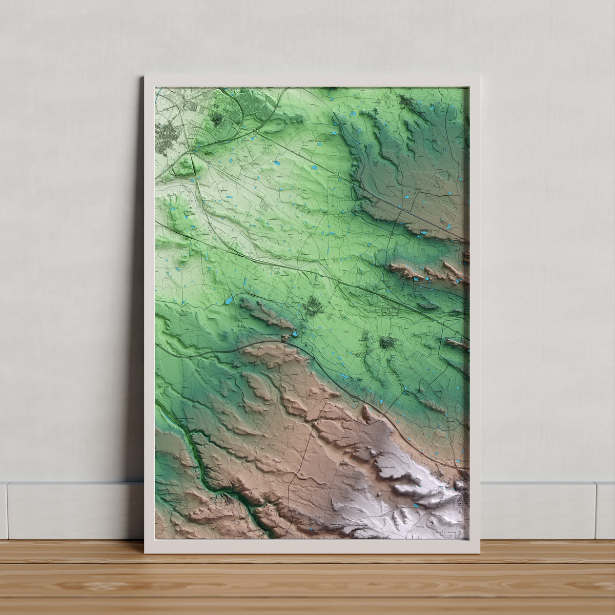 Mapa artístico del relieve de Artesa de Lleida, al Segrià, con 15 km de entorno y base topográfica ICGC. Presentación enmarcada.