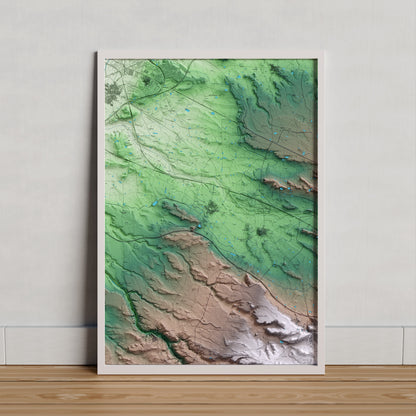 Mapa artístico del relieve de Artesa de Lleida, al Segrià, con 15 km de entorno y base topográfica ICGC. Presentación enmarcada.