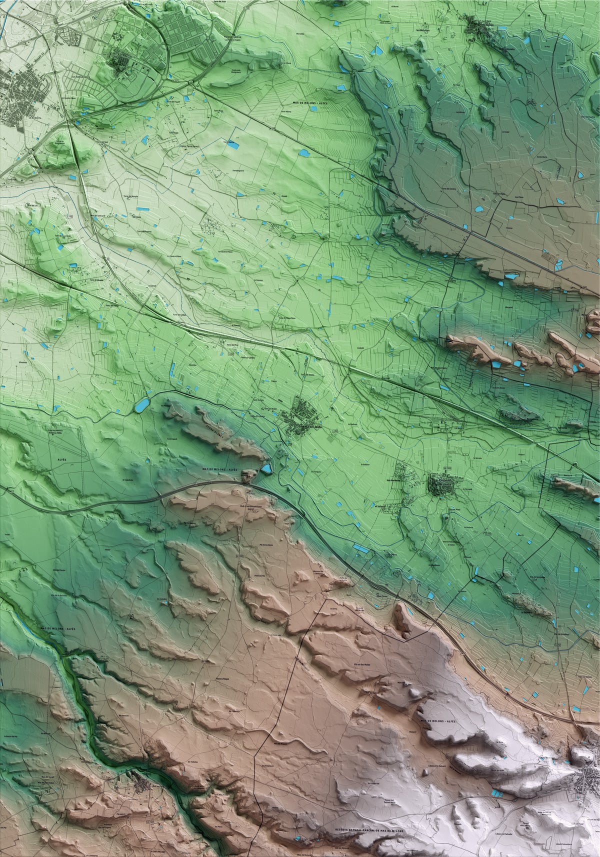 Mapa artístico del relieve de Artesa de Lleida, al Segrià, con 15 km de entorno y base topográfica ICGC
