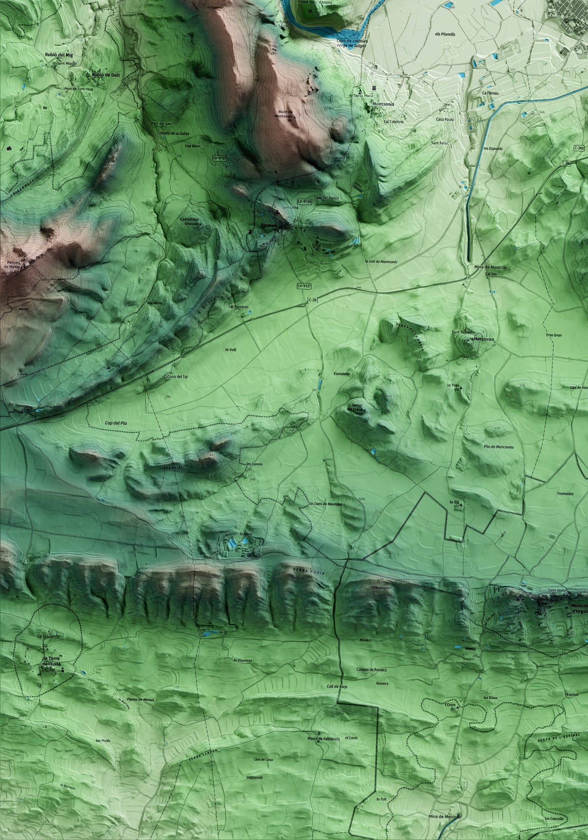 Mapa artístico del relieve de Artesa de Segre, a la Noguera, con 15 km de entorno y base topográfica ICGC. Detalle de la zona inferior izquierda.