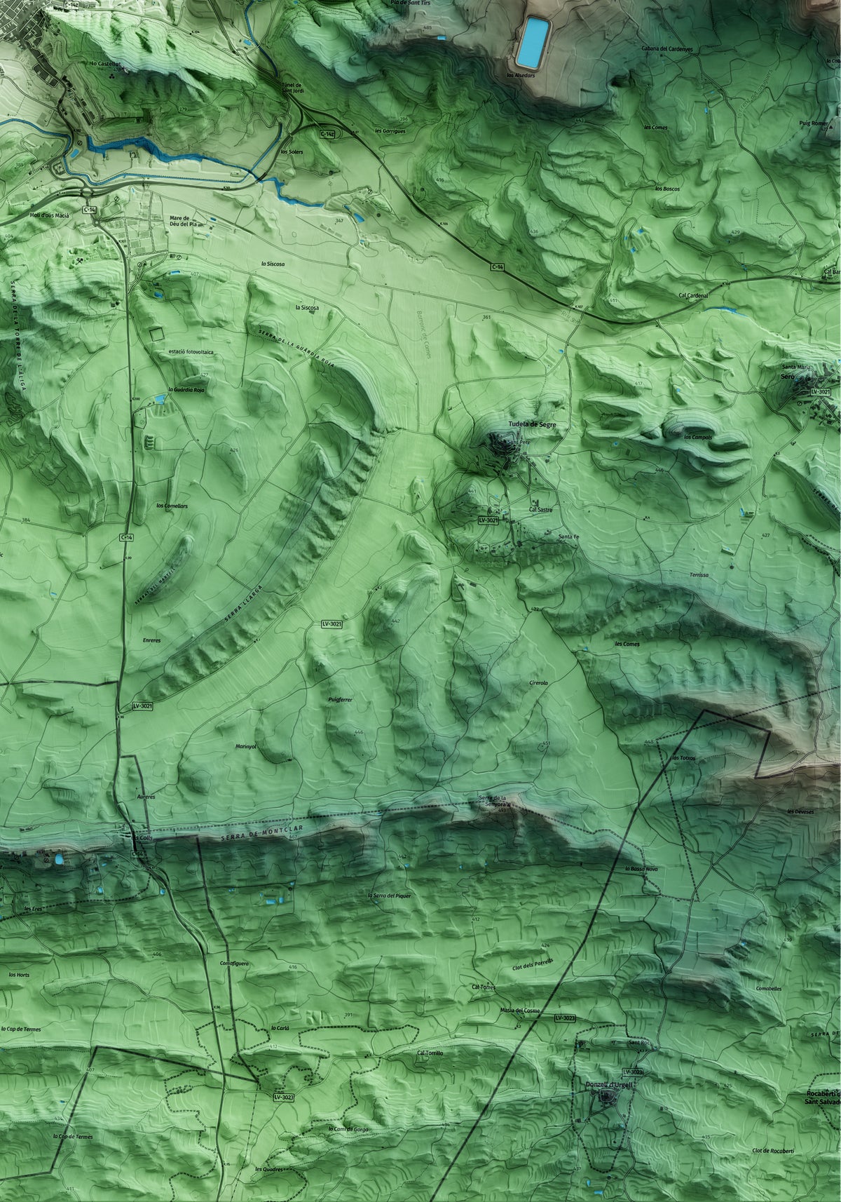 Mapa artístico del relieve de Artesa de Segre, a la Noguera, con 15 km de entorno y base topográfica ICGC. Detalle de la zona inferior derecha.