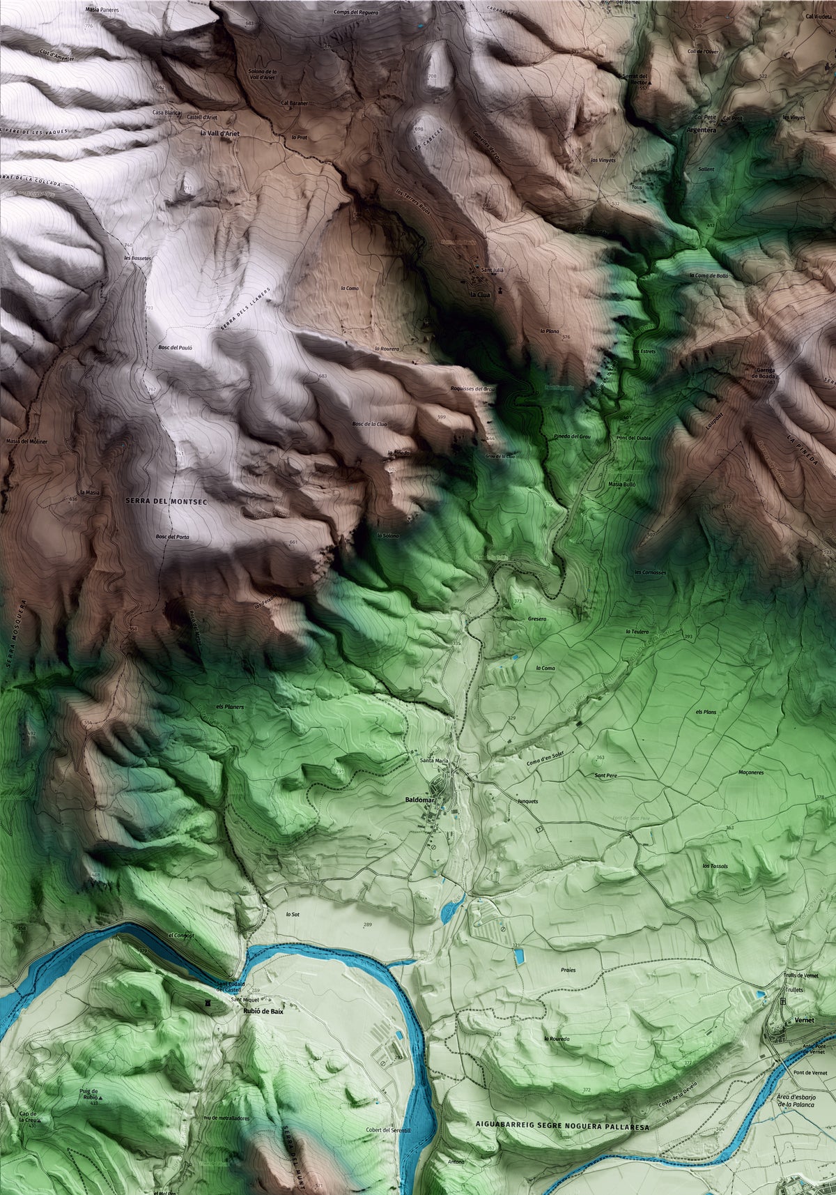 Mapa artístico del relieve de Artesa de Segre, a la Noguera, con 15 km de entorno y base topográfica ICGC. Detalle de la zona superior izquierda.
