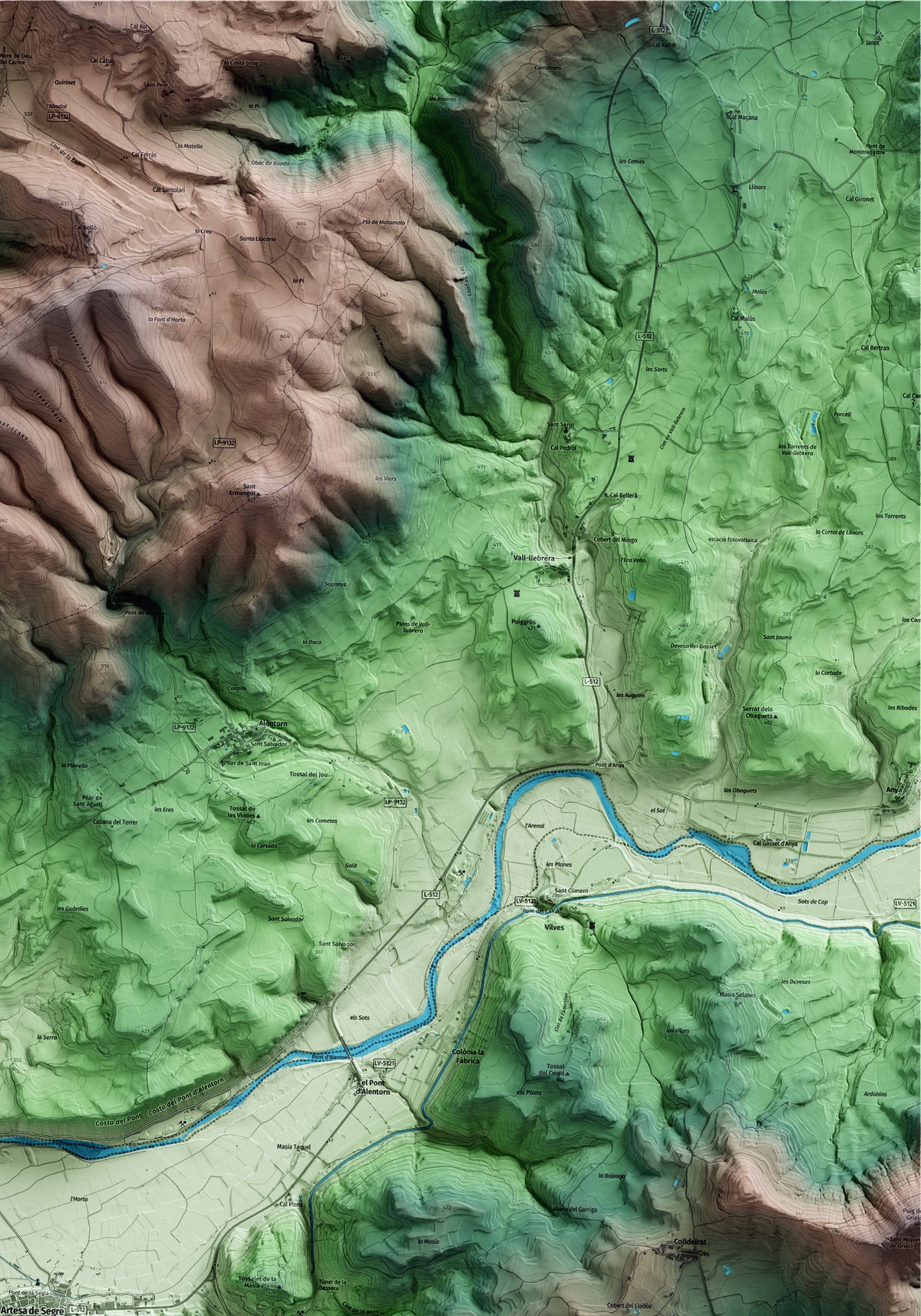 Mapa artístico del relieve de Artesa de Segre, a la Noguera, con 15 km de entorno y base topográfica ICGC. Detalle de la zona superior derecha.