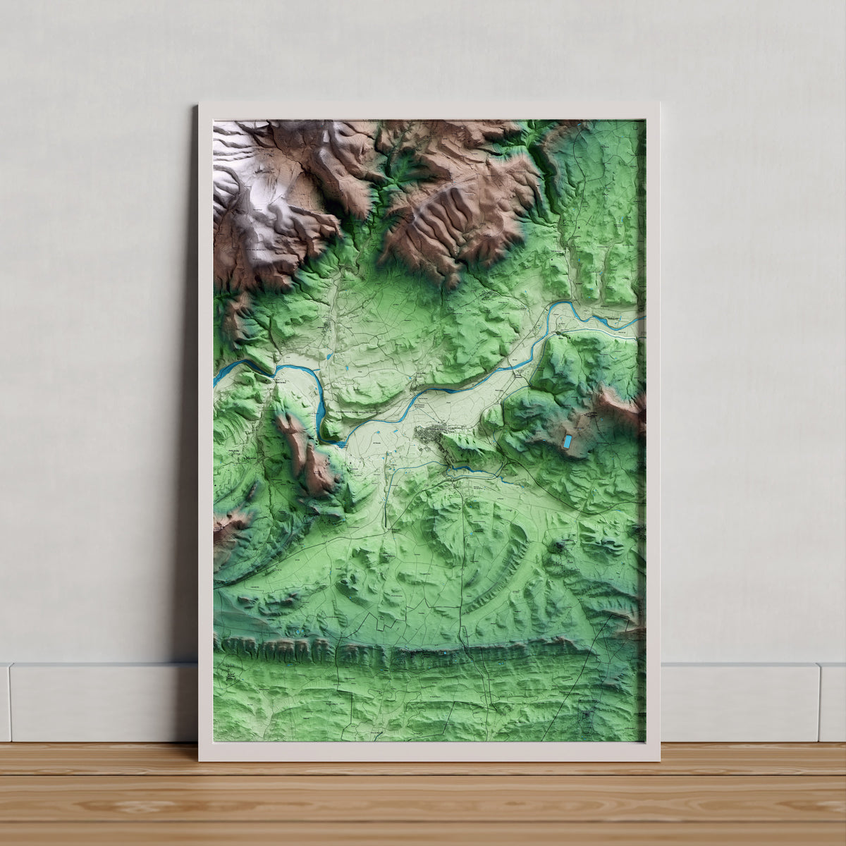 Mapa artístico del relieve de Artesa de Segre, a la Noguera, con 15 km de entorno y base topográfica ICGC. Presentación enmarcada.