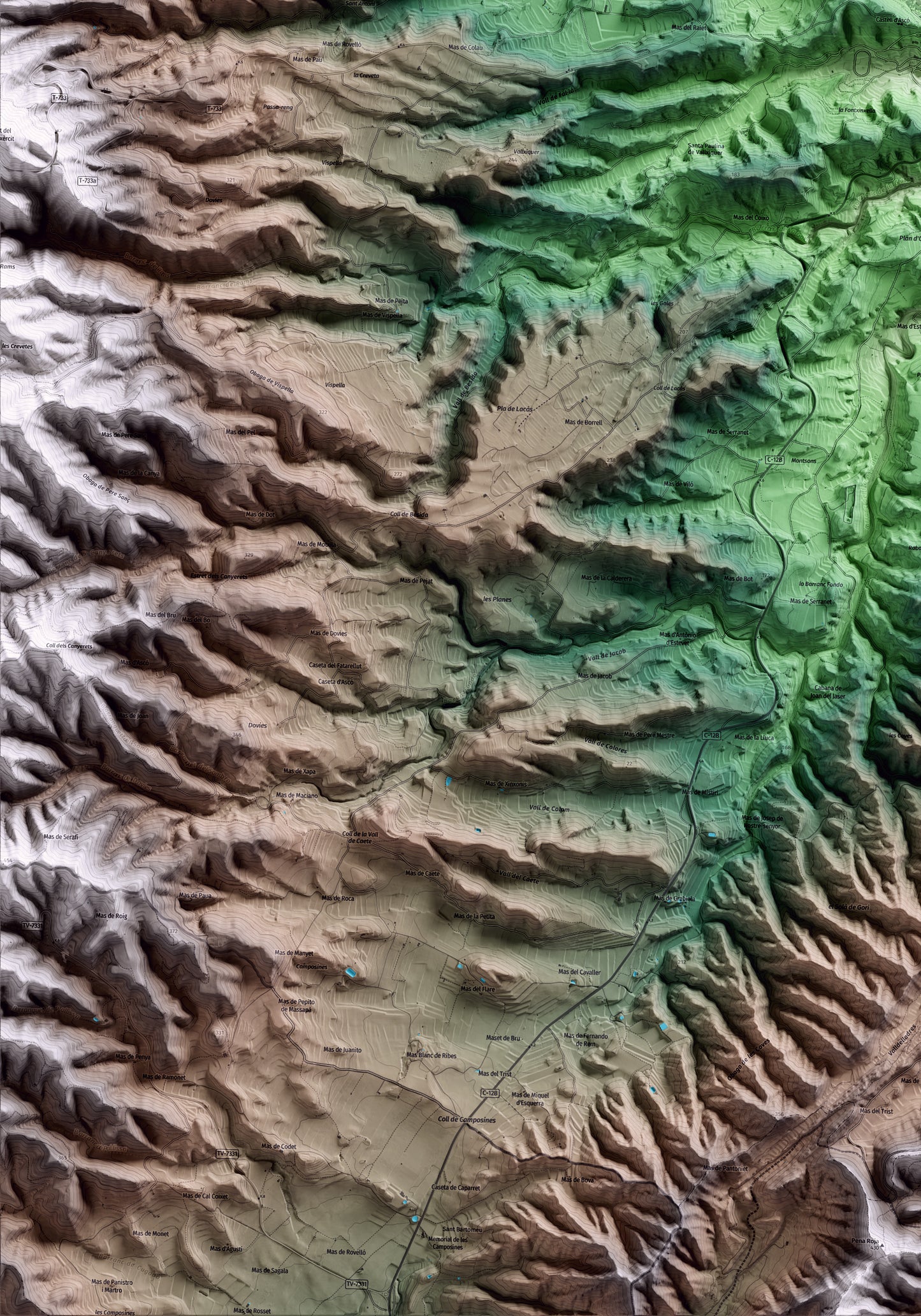Mapa artístico del relieve de Ascó, a la Ribera de Ebro, con 15 km de entorno y base topográfica ICGC. Detalle de la zona inferior izquierda.