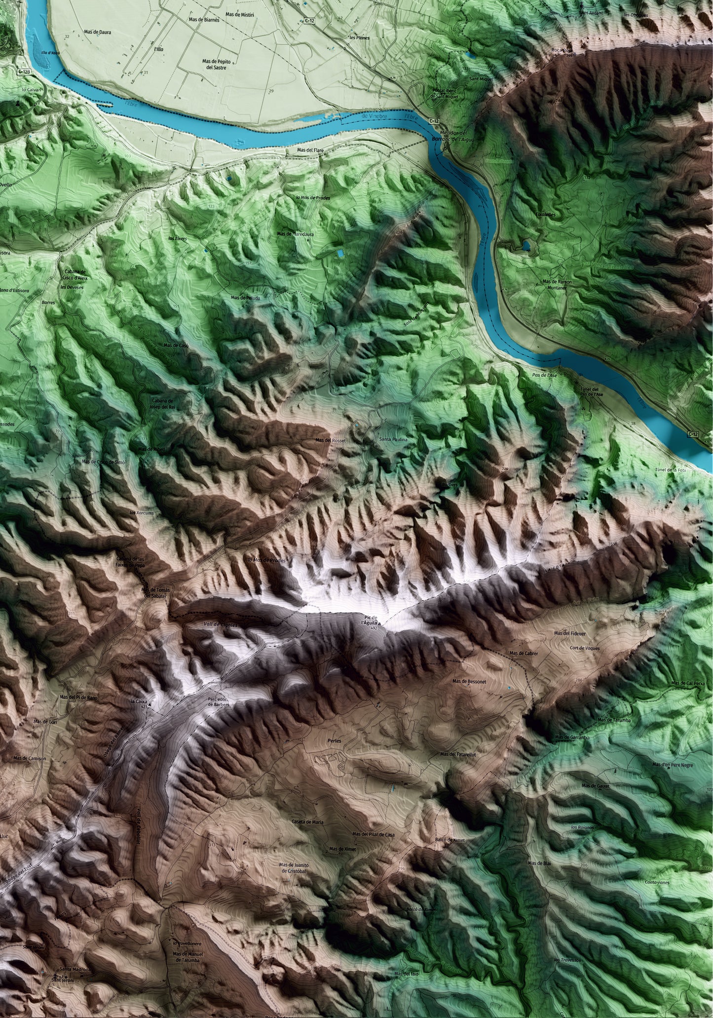 Mapa artístico del relieve de Ascó, a la Ribera de Ebro, con 15 km de entorno y base topográfica ICGC. Detalle de la zona inferior derecha.