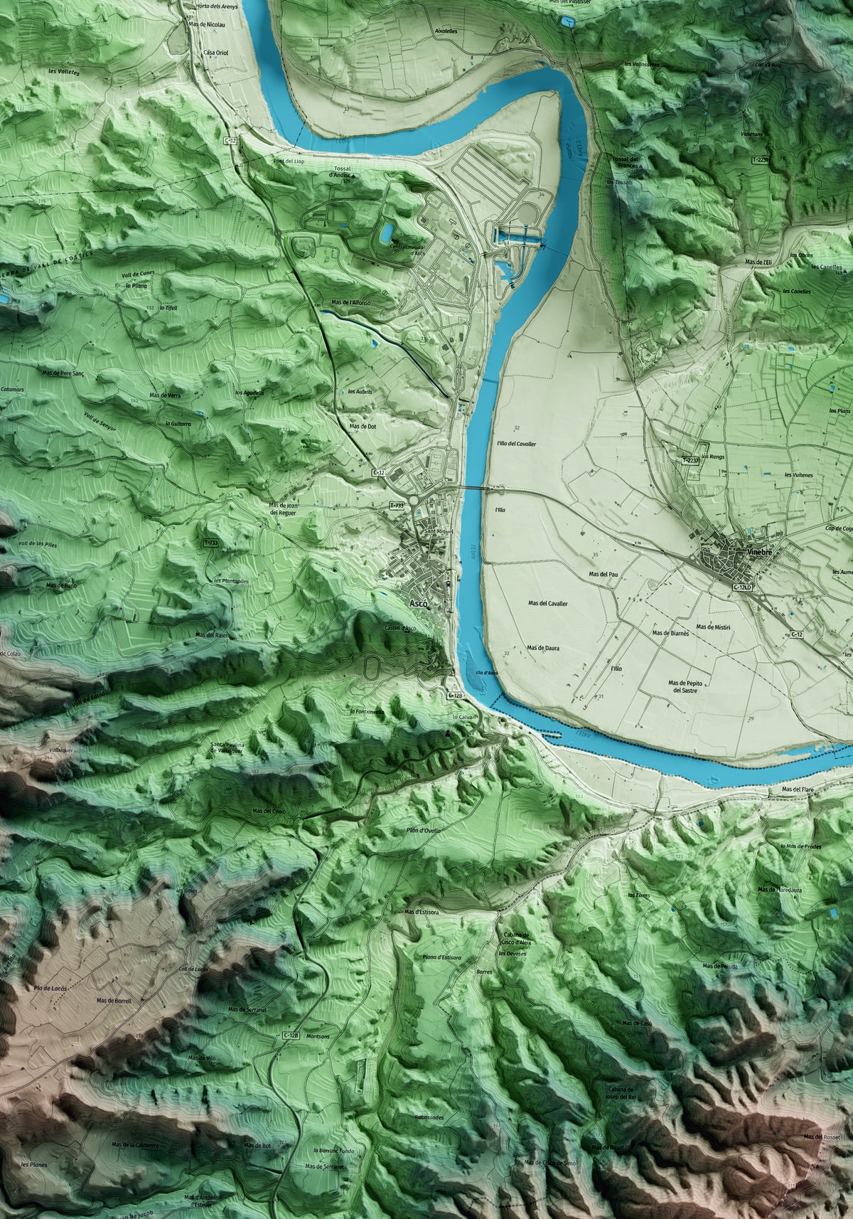 Mapa artístico del relieve de Ascó, a la Ribera de Ebro, con 15 km de entorno y base topográfica ICGC. Detalle de la zona central.