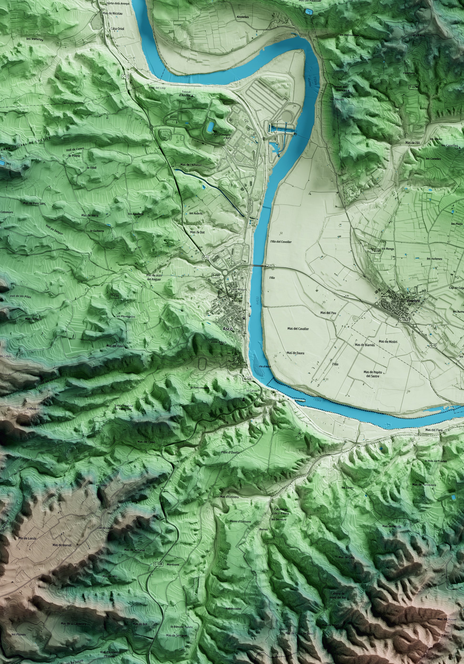 Mapa artístico del relieve de Ascó, a la Ribera de Ebro, con 15 km de entorno y base topográfica ICGC. Detalle de la zona central.