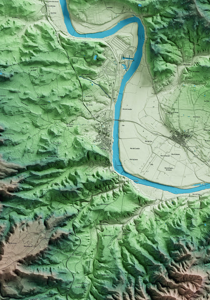 Mapa artístico del relieve de Ascó, a la Ribera de Ebro, con 15 km de entorno y base topográfica ICGC. Detalle de la zona central.