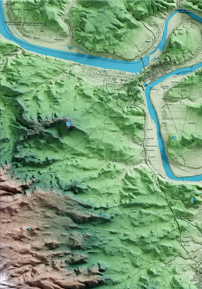 Mapa artístico del relieve de Ascó, a la Ribera de Ebro, con 15 km de entorno y base topográfica ICGC. Detalle de la zona superior izquierda.