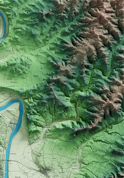 Mapa artístico del relieve de Ascó, a la Ribera de Ebro, con 15 km de entorno y base topográfica ICGC. Detalle de la zona superior derecha.