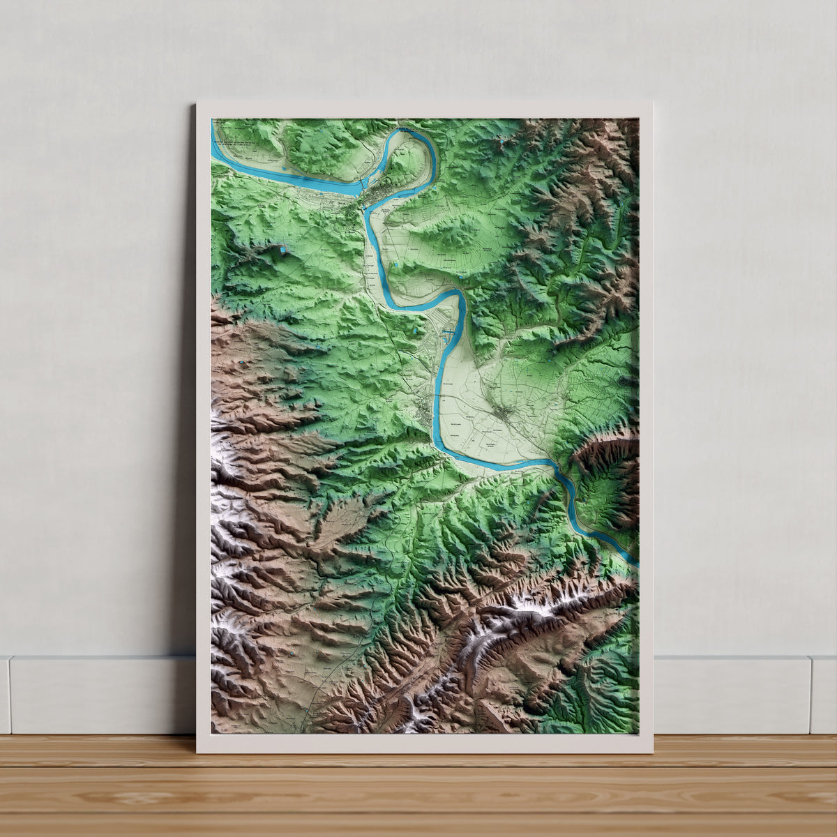 Mapa artístico del relieve de Ascó, a la Ribera de Ebro, con 15 km de entorno y base topográfica ICGC. Presentación enmarcada.