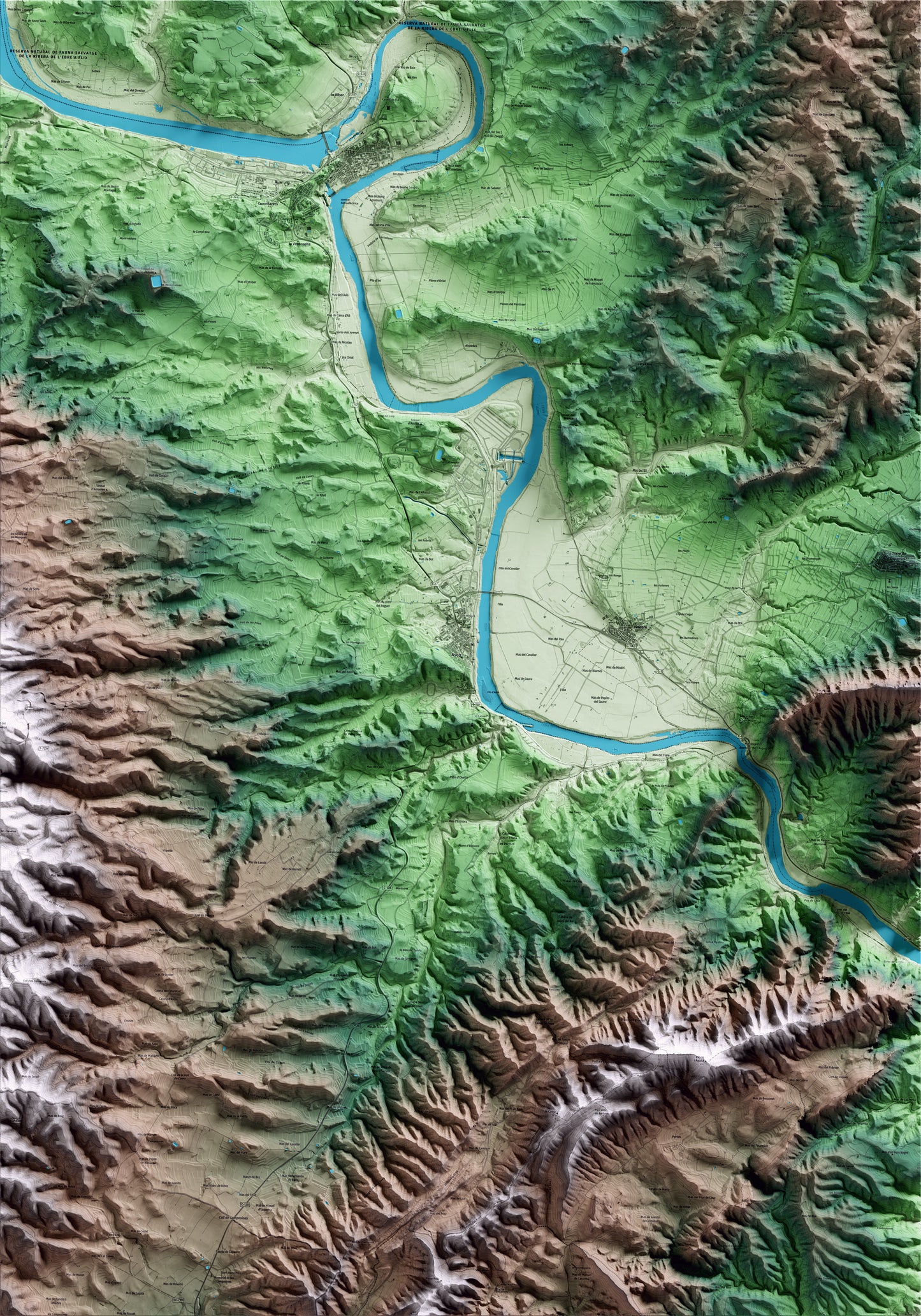 Mapa artístico del relieve de Ascó, a la Ribera de Ebro, con 15 km de entorno y base topográfica ICGC