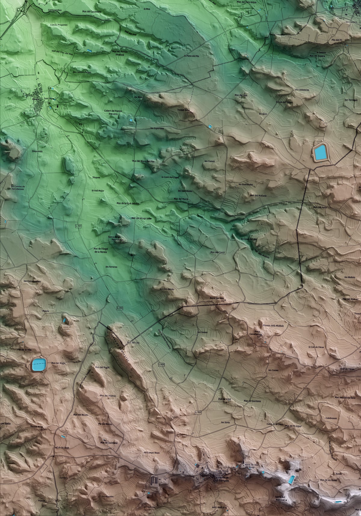 Mapa artístico del relieve de Aspa, al Segrià, con 15 km de entorno y base topográfica ICGC. Detalle de la zona inferior izquierda.