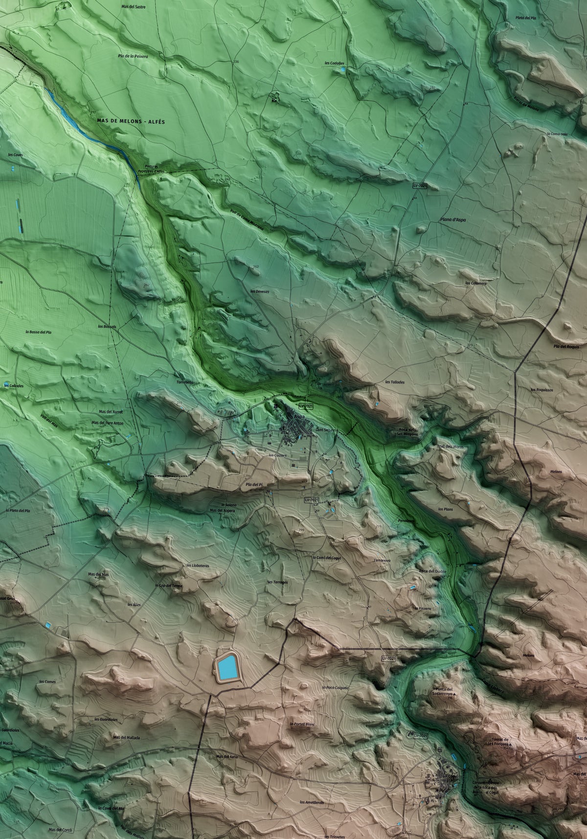 Mapa artístico del relieve de Aspa, al Segrià, con 15 km de entorno y base topográfica ICGC. Detalle de la zona central.