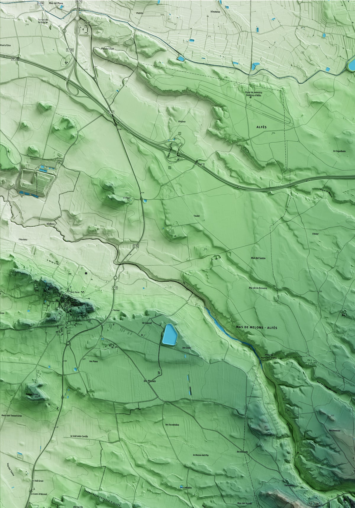 Mapa artístico del relieve de Aspa, al Segrià, con 15 km de entorno y base topográfica ICGC. Detalle de la zona superior izquierda.