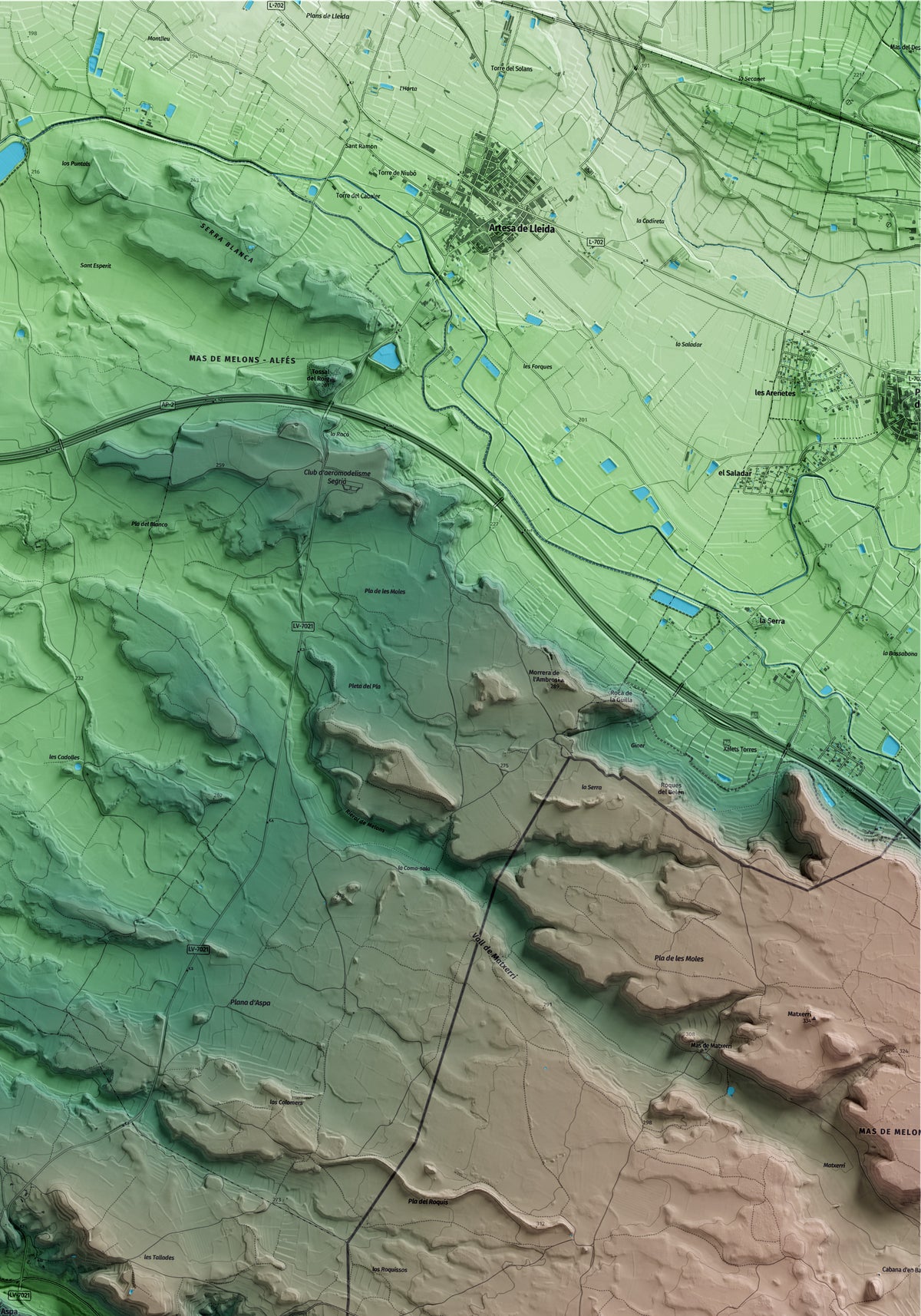 Mapa artístico del relieve de Aspa, al Segrià, con 15 km de entorno y base topográfica ICGC. Detalle de la zona superior derecha.