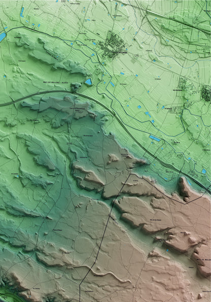 Mapa artístico del relieve de Aspa, al Segrià, con 15 km de entorno y base topográfica ICGC. Detalle de la zona superior derecha.