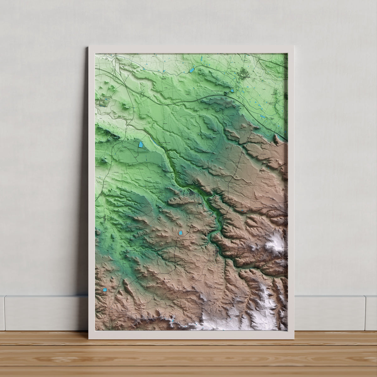 Mapa artístico del relieve de Aspa, al Segrià, con 15 km de entorno y base topográfica ICGC. Presentación enmarcada.