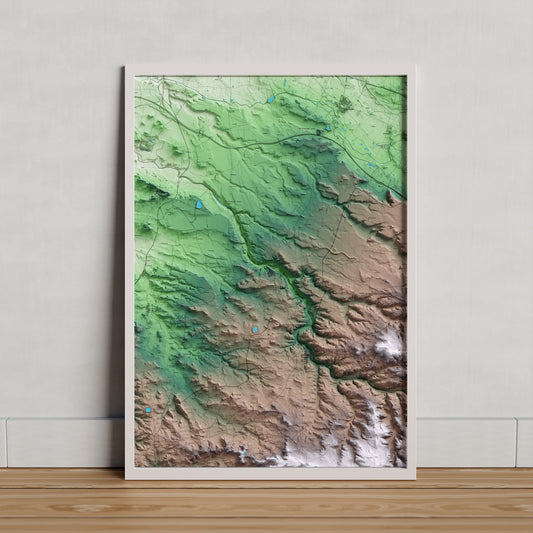Mapa artístico del relieve de Aspa, al Segrià, con 15 km de entorno y base topográfica ICGC. Presentación enmarcada.