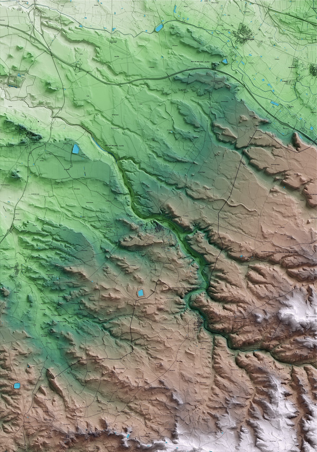 Mapa artístico del relieve de Aspa, al Segrià, con 15 km de entorno y base topográfica ICGC