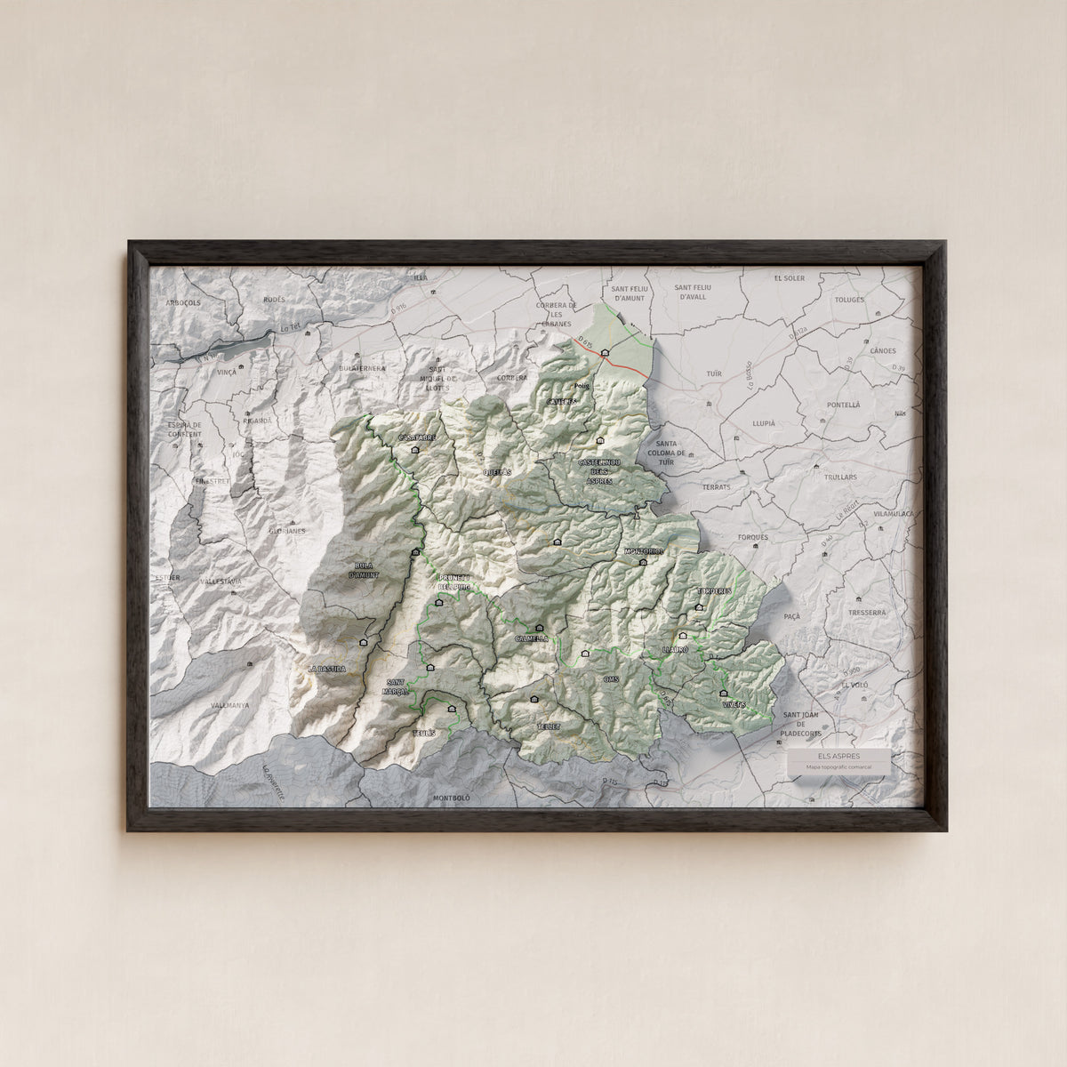 Mapa de relleu dels Aspres, amb el territori en color i l’entorn en blanc. Presentació amb marc. 21 × 30 cm. Estil Cartogràfic.
