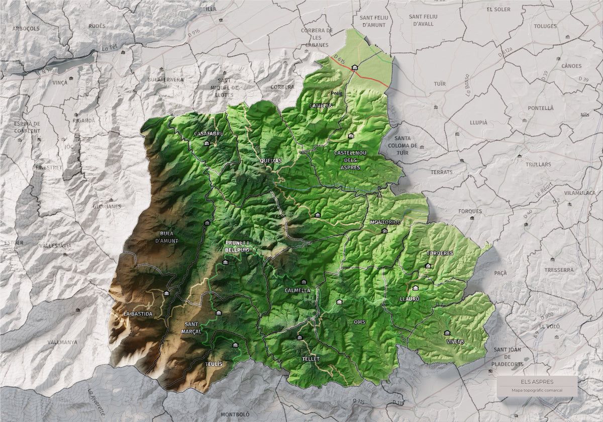 Mapa de relleu dels Aspres, amb el territori en color i l’entorn en blanc. Vista completa de la làmina. 21 × 30 cm. Estil Clàssic.
