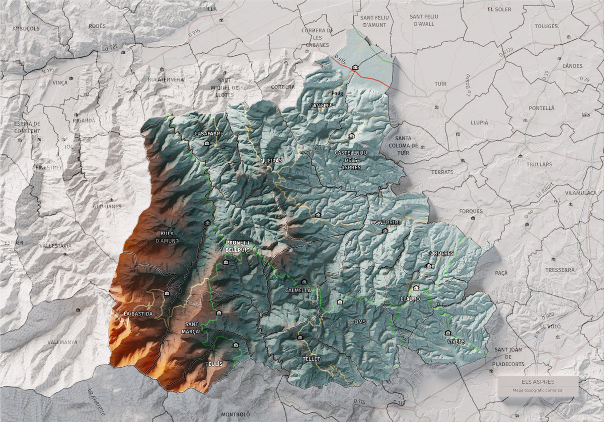 Mapa de relleu dels Aspres, amb el territori en color i l’entorn en blanc. Vista completa de la làmina. 21 × 30 cm. Estil Blau i taronja.