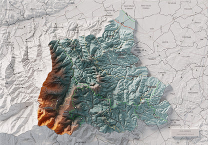 Mapa de relleu dels Aspres, amb el territori en color i l’entorn en blanc. Vista completa de la làmina. 21 × 30 cm. Estil Blau i taronja.