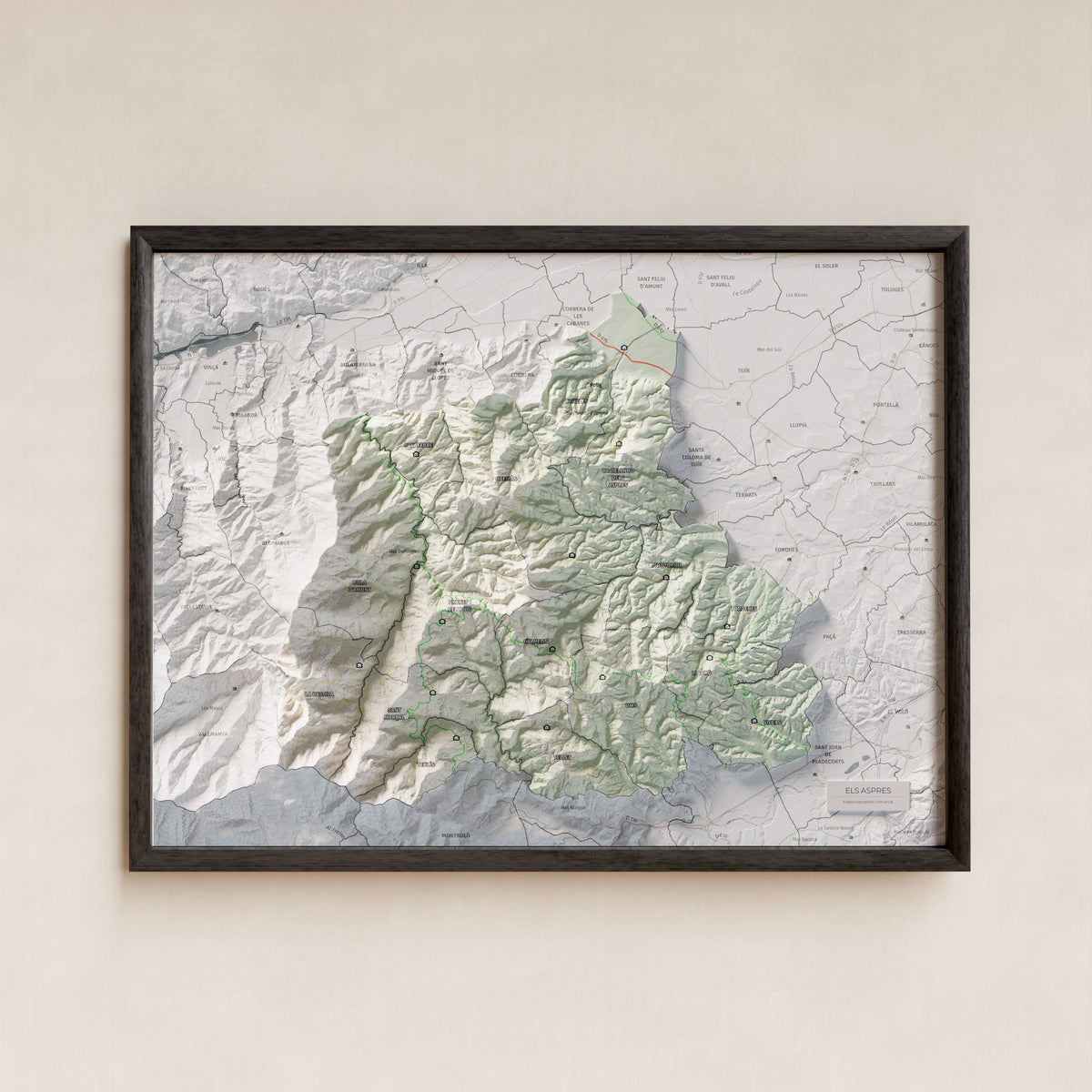 Mapa de relleu dels Aspres, amb el territori en color i l’entorn en blanc. Presentació amb marc. 30 × 40 cm. Estil Cartogràfic.