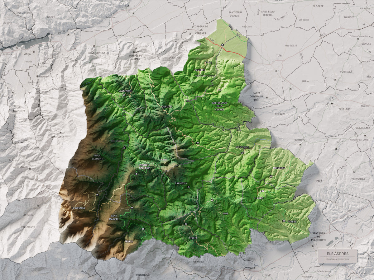 Mapa de relleu dels Aspres, amb el territori en color i l’entorn en blanc. Vista completa de la làmina. 30 × 40 cm. Estil Clàssic.