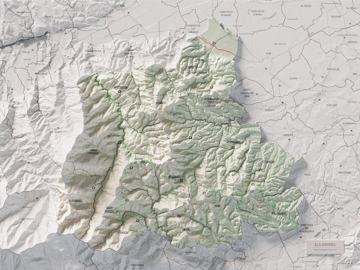 Mapa de relleu dels Aspres, amb el territori en color i l’entorn en blanc. Vista completa de la làmina. 30 × 40 cm. Estil Cartogràfic.
