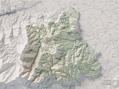 Mapa de relleu dels Aspres, amb el territori en color i l’entorn en blanc. Vista completa de la làmina. 30 × 40 cm. Estil Cartogràfic.