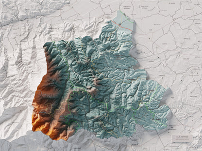 Mapa de relleu dels Aspres, amb el territori en color i l’entorn en blanc. Vista completa de la làmina. 30 × 40 cm. Estil Blau i taronja.