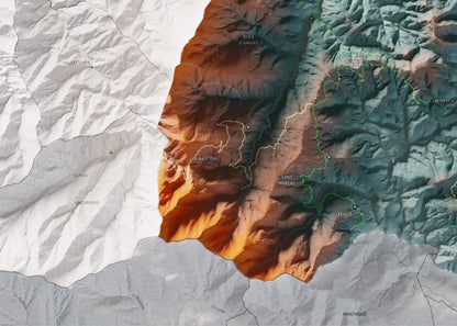Mapa de relleu dels Aspres, amb el territori en color i l’entorn en blanc. Detall de la part inferior esquerra. 50 × 70 cm. Estil Blau i taronja.