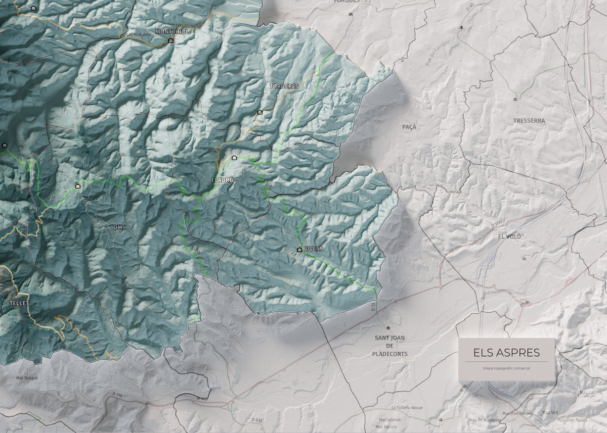Mapa de relleu dels Aspres, amb el territori en color i l’entorn en blanc. Detall de la part inferior dreta. 50 × 70 cm. Estil Blau i taronja.