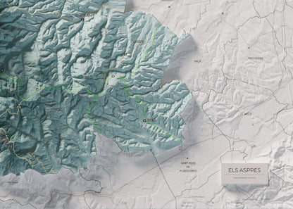 Mapa de relleu dels Aspres, amb el territori en color i l’entorn en blanc. Detall de la part inferior dreta. 50 × 70 cm. Estil Blau i taronja.