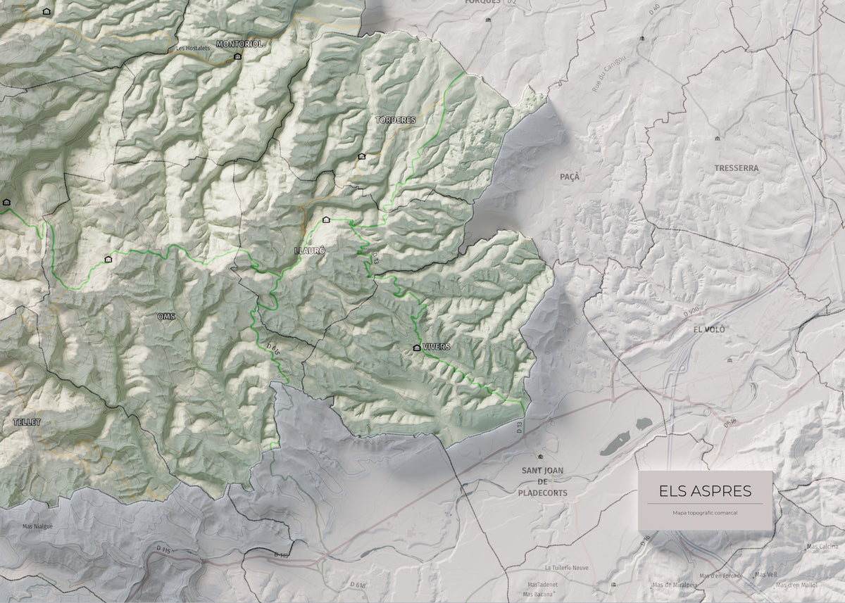 Mapa de relleu dels Aspres, amb el territori en color i l’entorn en blanc. Detall de la part inferior dreta. 50 × 70 cm. Estil Cartogràfic.