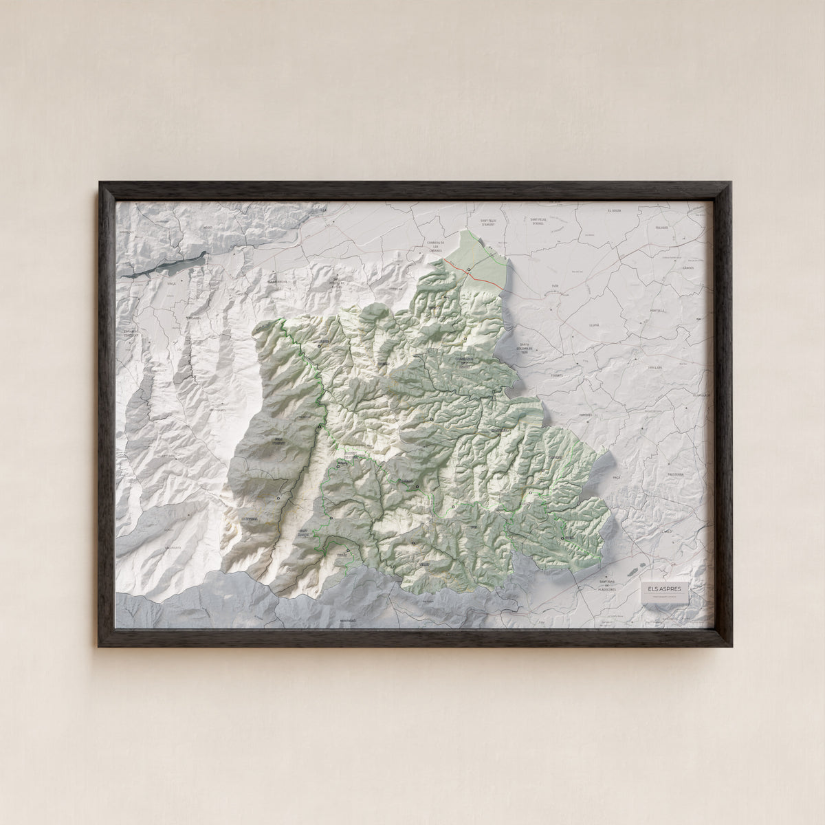 Mapa de relleu dels Aspres, amb el territori en color i l’entorn en blanc. Presentació amb marc. 50 × 70 cm. Estil Cartogràfic.