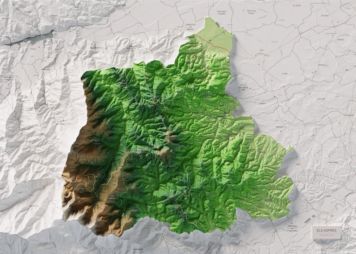 Mapa de relleu dels Aspres, amb el territori en color i l’entorn en blanc. Vista completa de la làmina. 50 × 70 cm. Estil Clàssic.