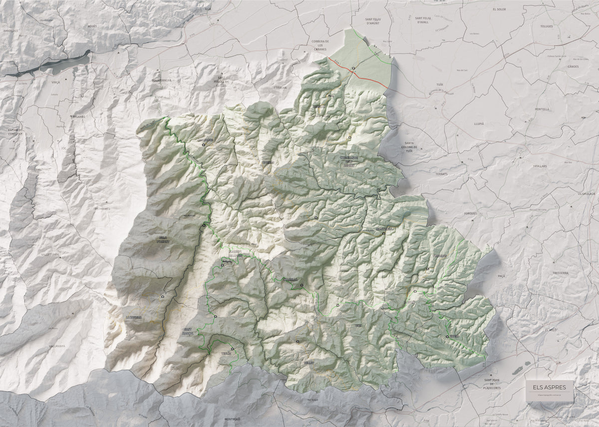 Mapa de relleu dels Aspres, amb el territori en color i l’entorn en blanc. Vista completa de la làmina. 50 × 70 cm. Estil Cartogràfic.