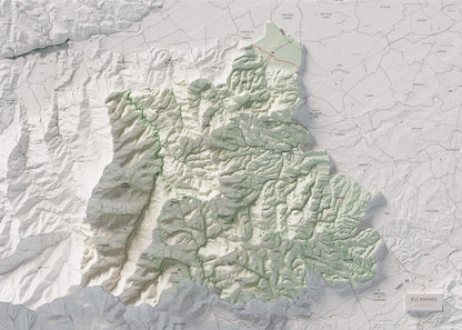 Mapa de relleu dels Aspres, amb el territori en color i l’entorn en blanc. Vista completa de la làmina. 50 × 70 cm. Estil Cartogràfic.